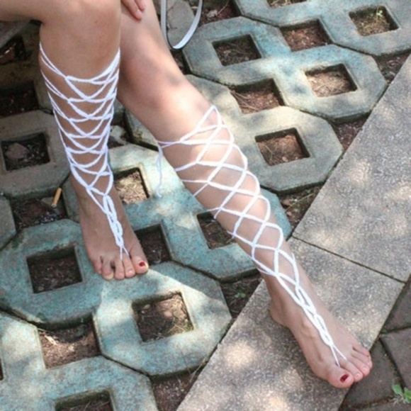White Handmade Crochet Barefoot Gladiator Sandals - Picture 4 of 6